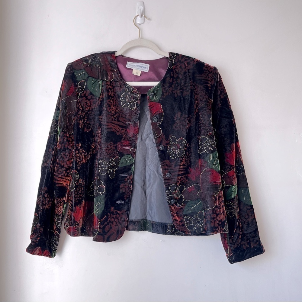 Vintage 90s Norton McNaughton Black Floral Velvet Glitter Jacket 14